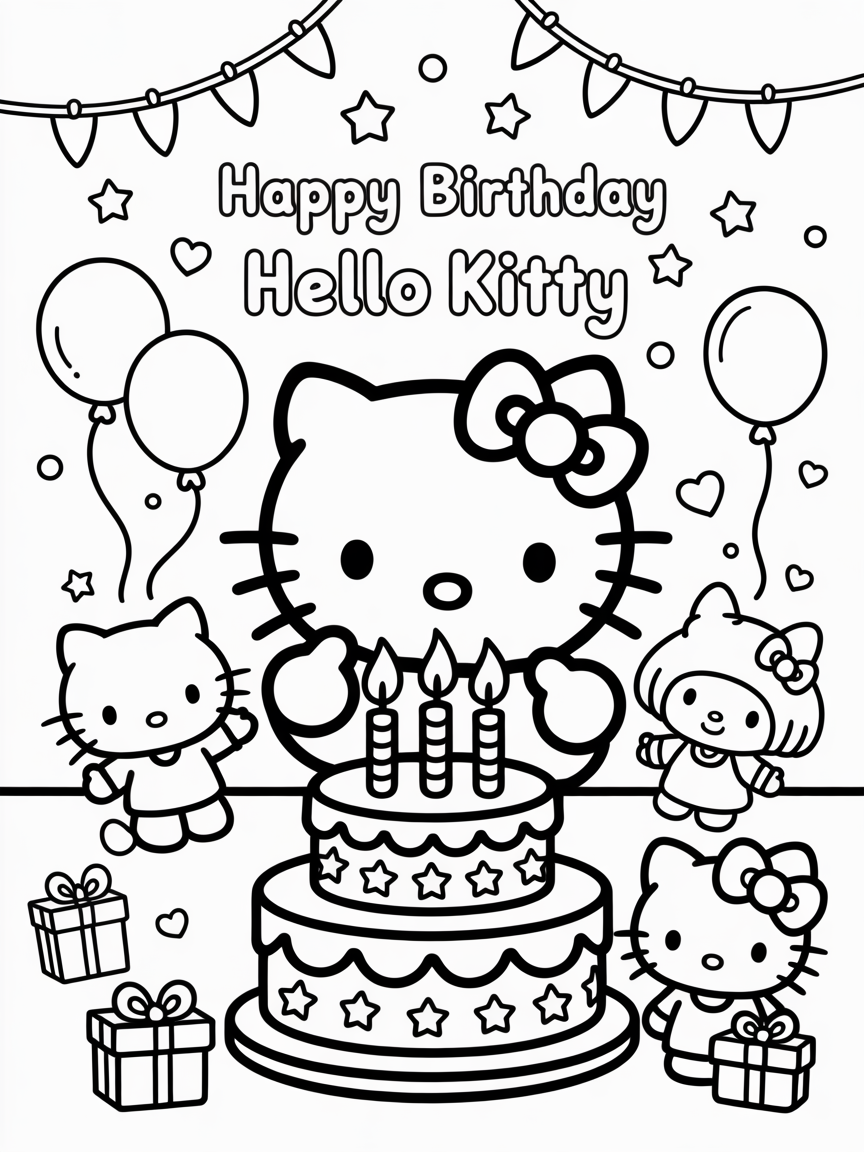 Hello Kitty celebrates her birthday with friends, cake, and gifts. A fun coloring page for kids featuring Hello Kitty and her friends.