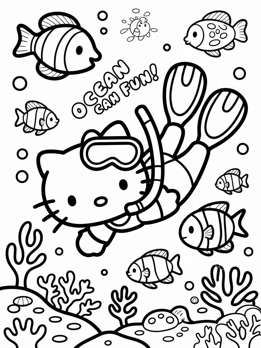 A coloring page featuring Hello Kitty scuba diving among various fish and coral reefs in an underwater scene.