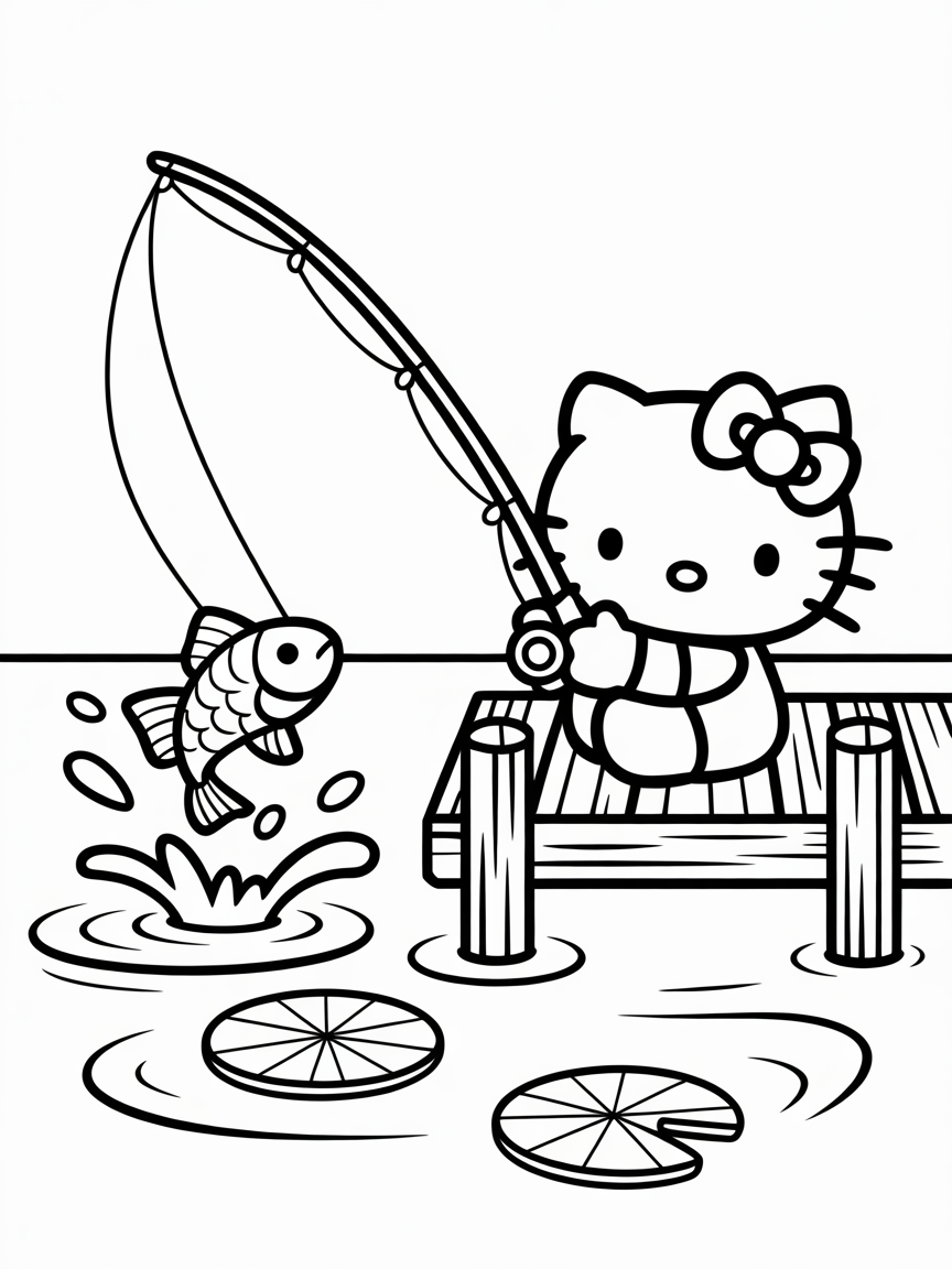 Hello Kitty sits on a dock fishing, a fish leaps from the water; a fun coloring page for children.