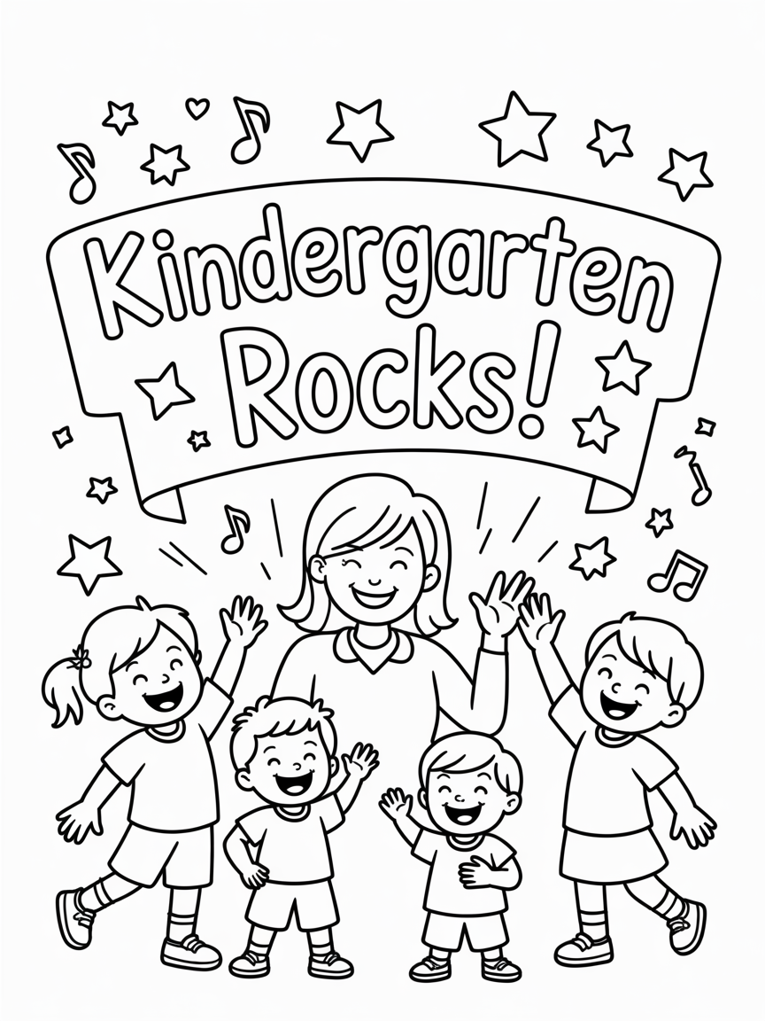 A fun coloring page featuring a teacher and four happy kids celebrating kindergarten, with a banner that says 'Kindergarten Rocks!'