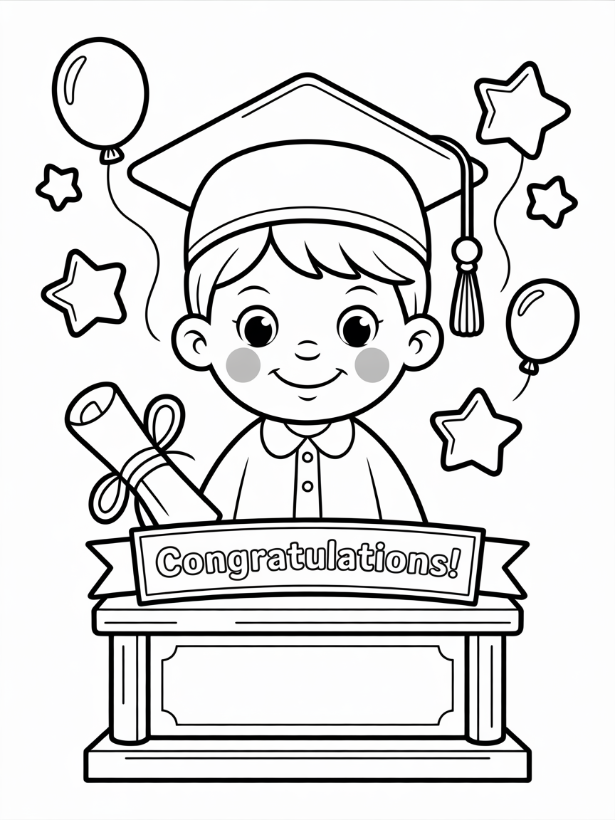 A cute illustration of a preschool graduate in cap and gown, holding a diploma, perfect for coloring.