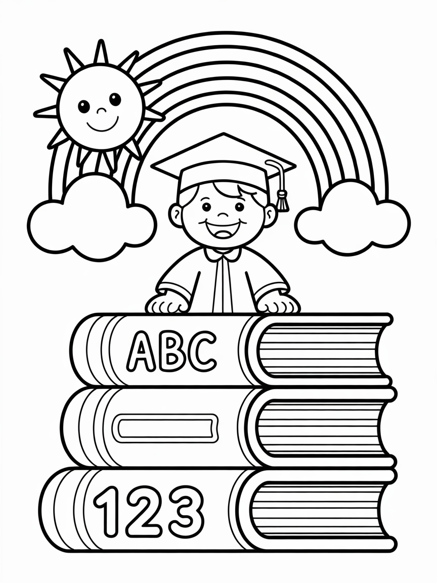 A happy preschool graduate in cap and gown sits on a stack of ABC and 123 books, with a rainbow and sun behind them.