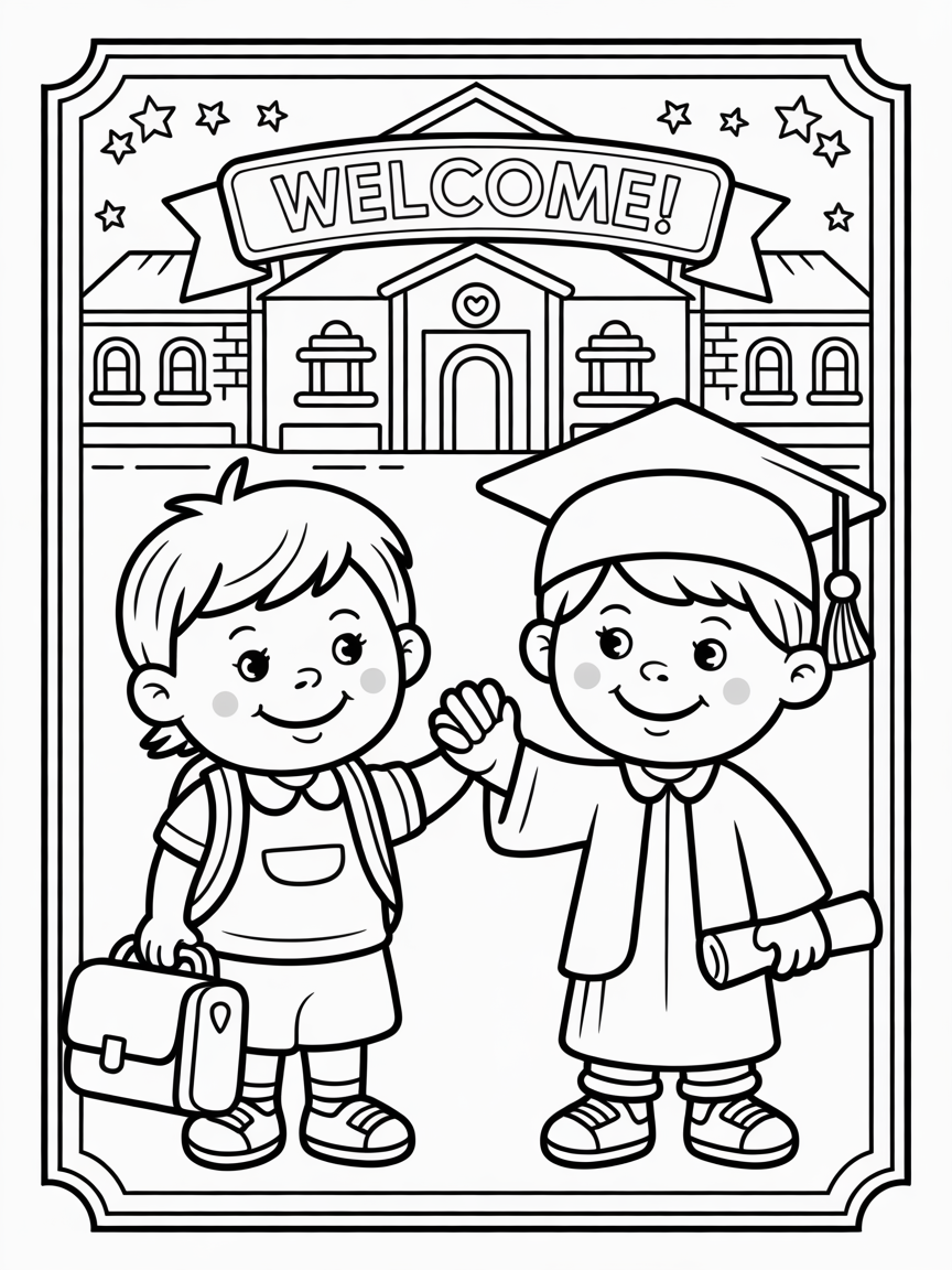 Black and white line art of a happy boy and girl; one with a graduation cap, celebrating school.
