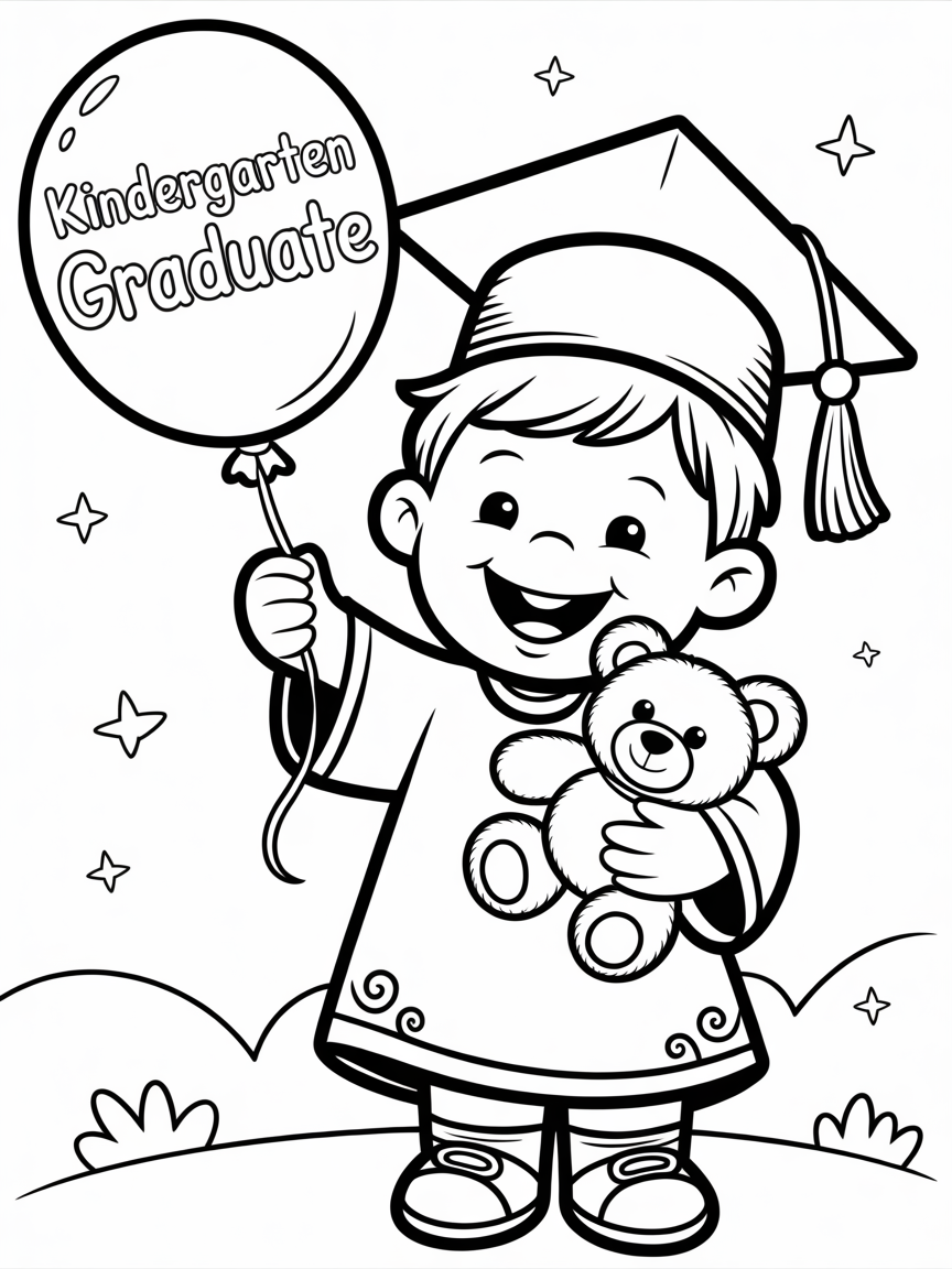 A happy child in a graduation cap and gown holds a teddy bear and balloon that says 'Kindergarten Graduate'.