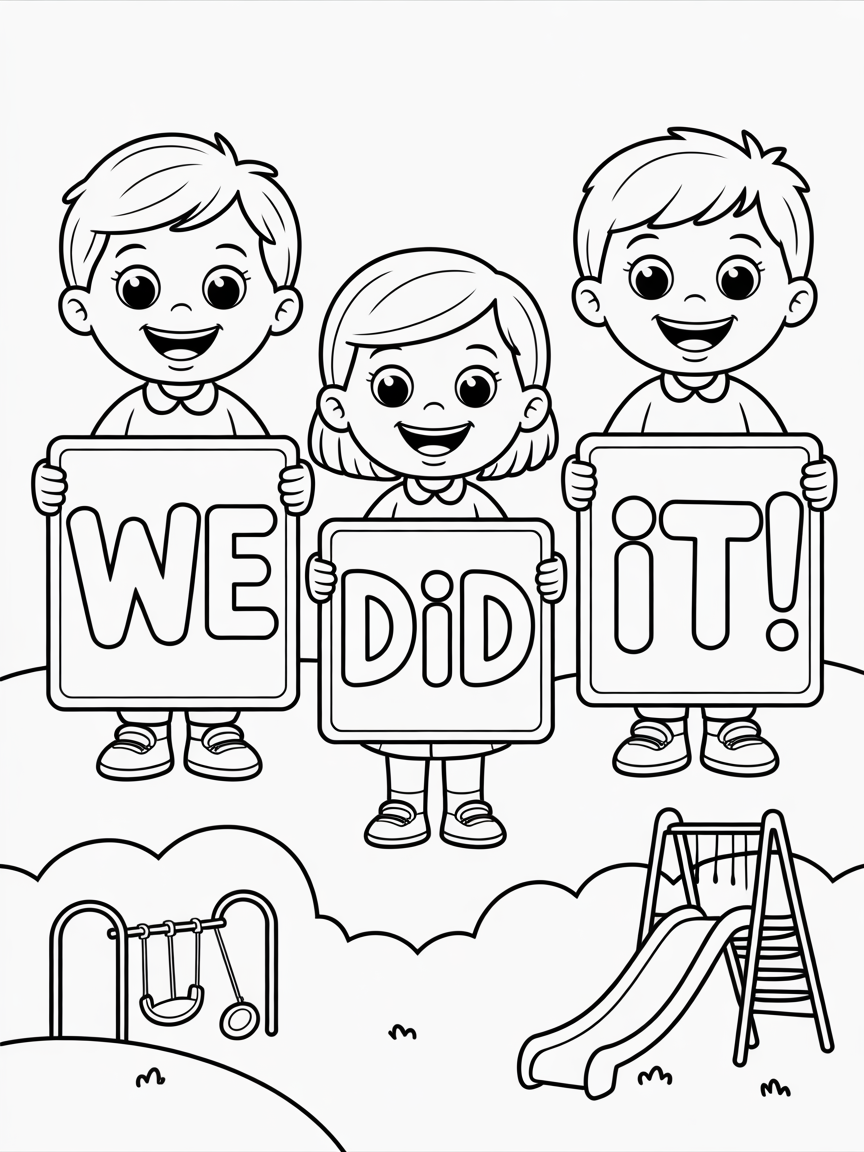 Three happy children hold signs spelling 'We Did It!' in a playground setting, suitable for coloring.