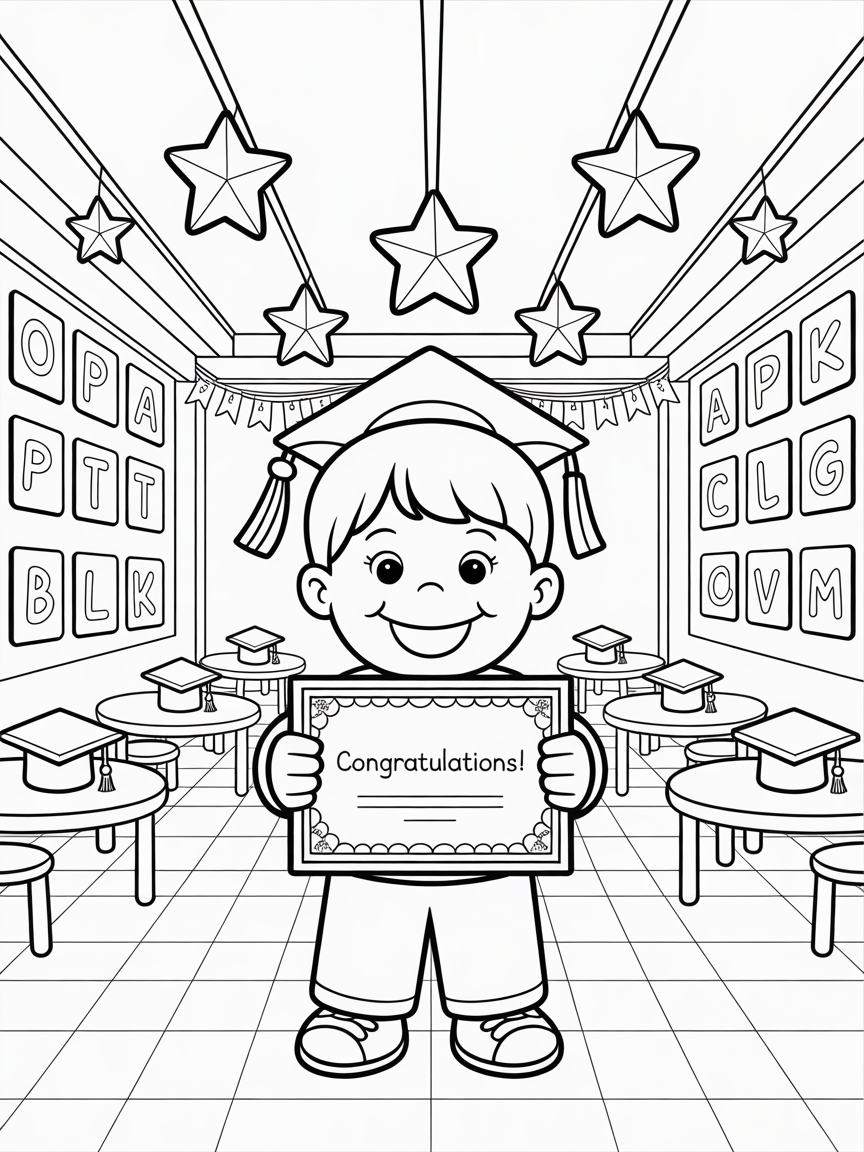 A happy child in a graduation cap holds a diploma in a decorated classroom. Free printable coloring page.
