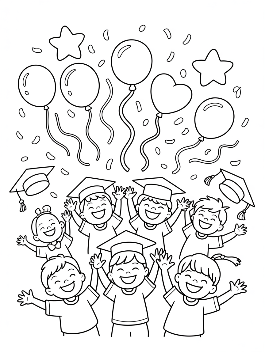 Happy children in graduation caps celebrate with balloons and confetti; a fun coloring page for kids.