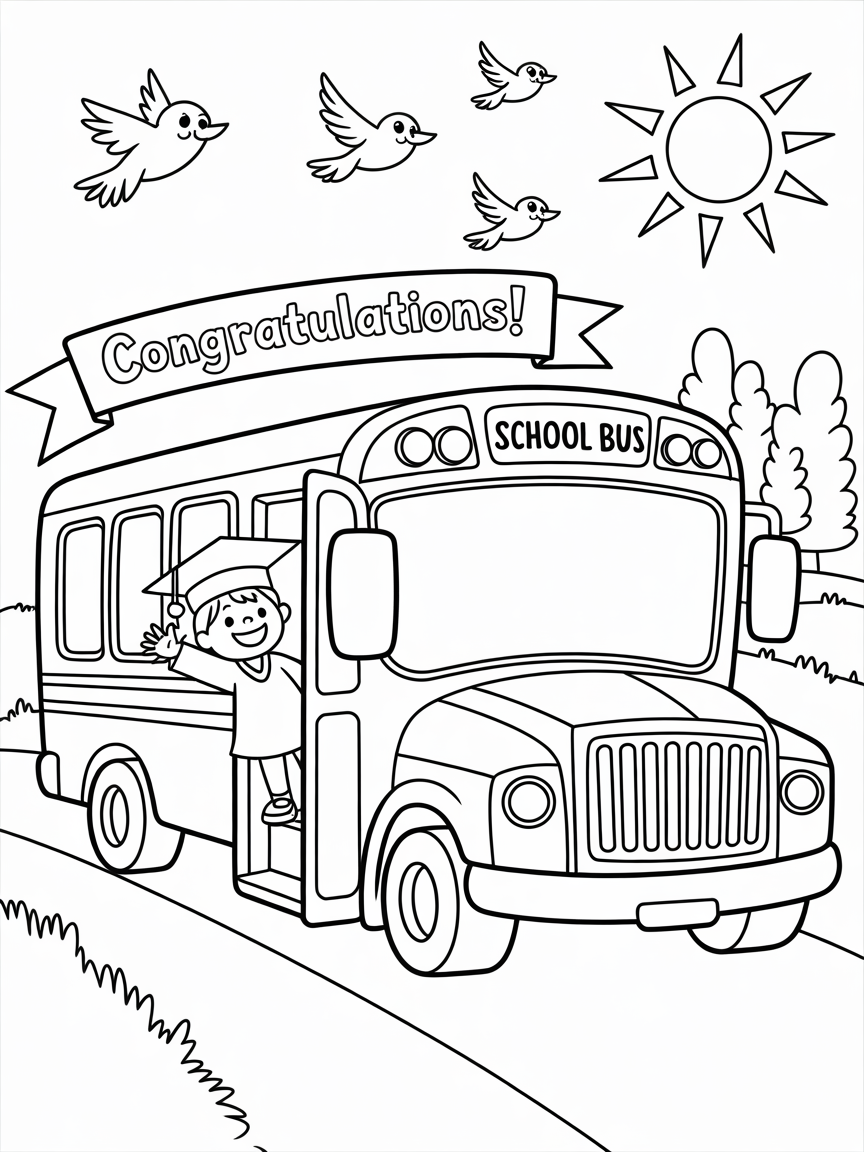 A happy graduate gets off a school bus; birds fly above; perfect for a graduation coloring page.