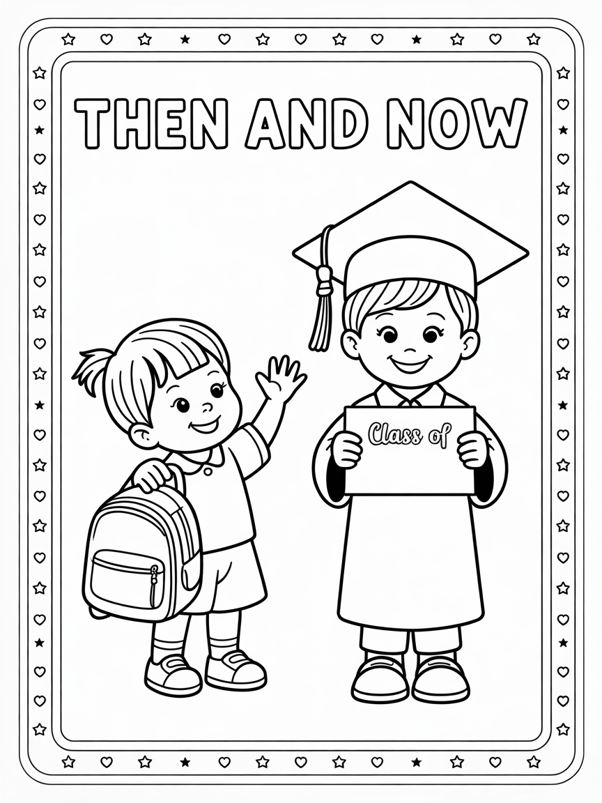 A coloring page featuring 'Then and Now', showing a child starting kindergarten and graduating.