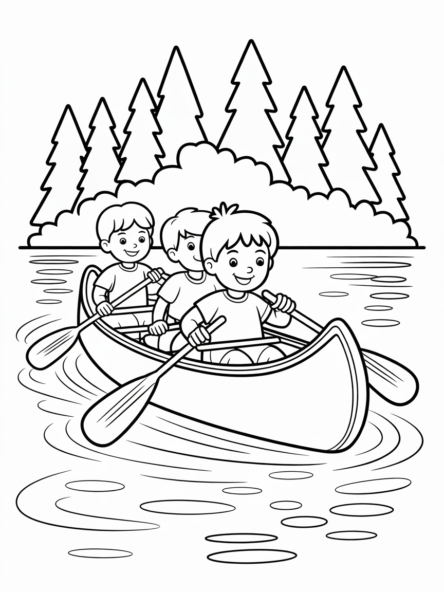 Three happy boys canoeing on a lake, surrounded by pine trees; a fun coloring page for kids.
