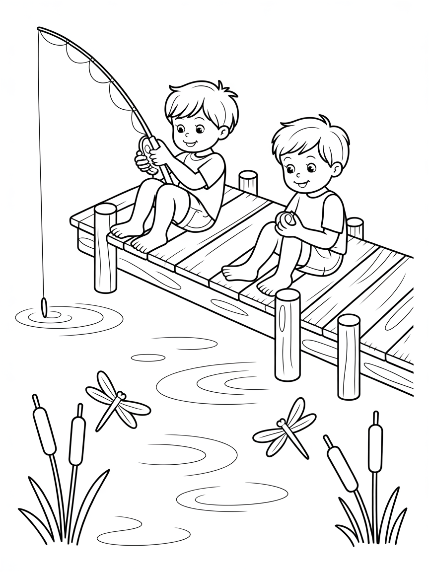 Two boys sit on a wooden dock fishing; dragonflies and cattails are by the water. Free coloring page.