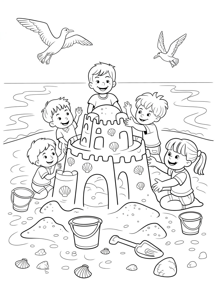Children playfully construct a magnificent sandcastle on a sunny beach, perfect for a coloring page activity.