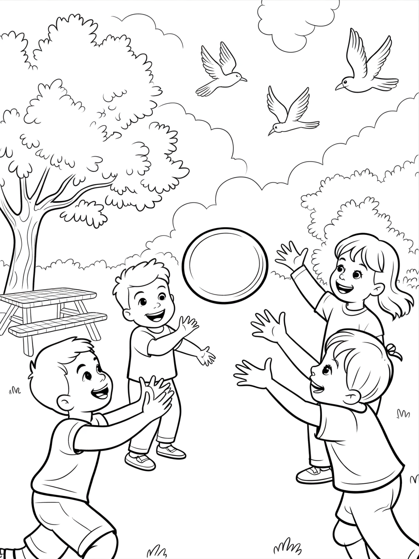Four children playing frisbee in a park with trees and birds, a fun coloring page for kids.