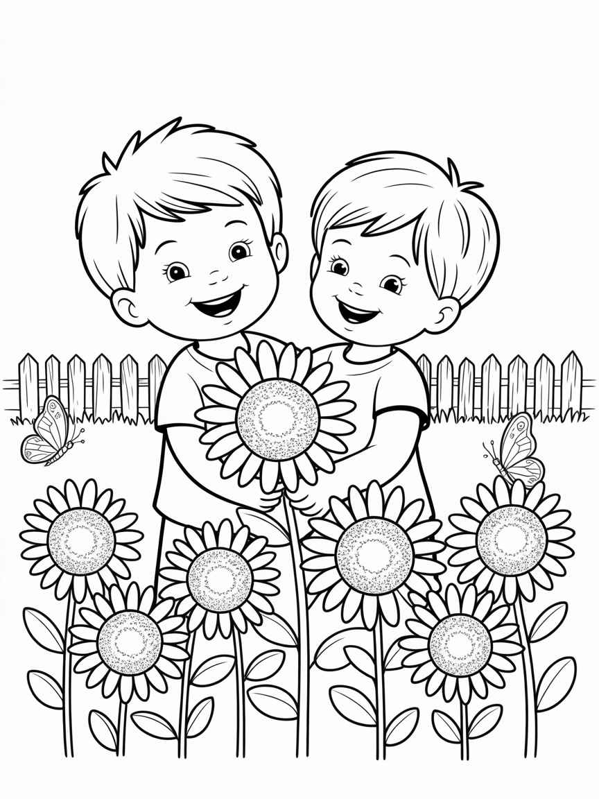 Two happy boys are holding a large sunflower in a garden with smaller sunflowers and butterflies.