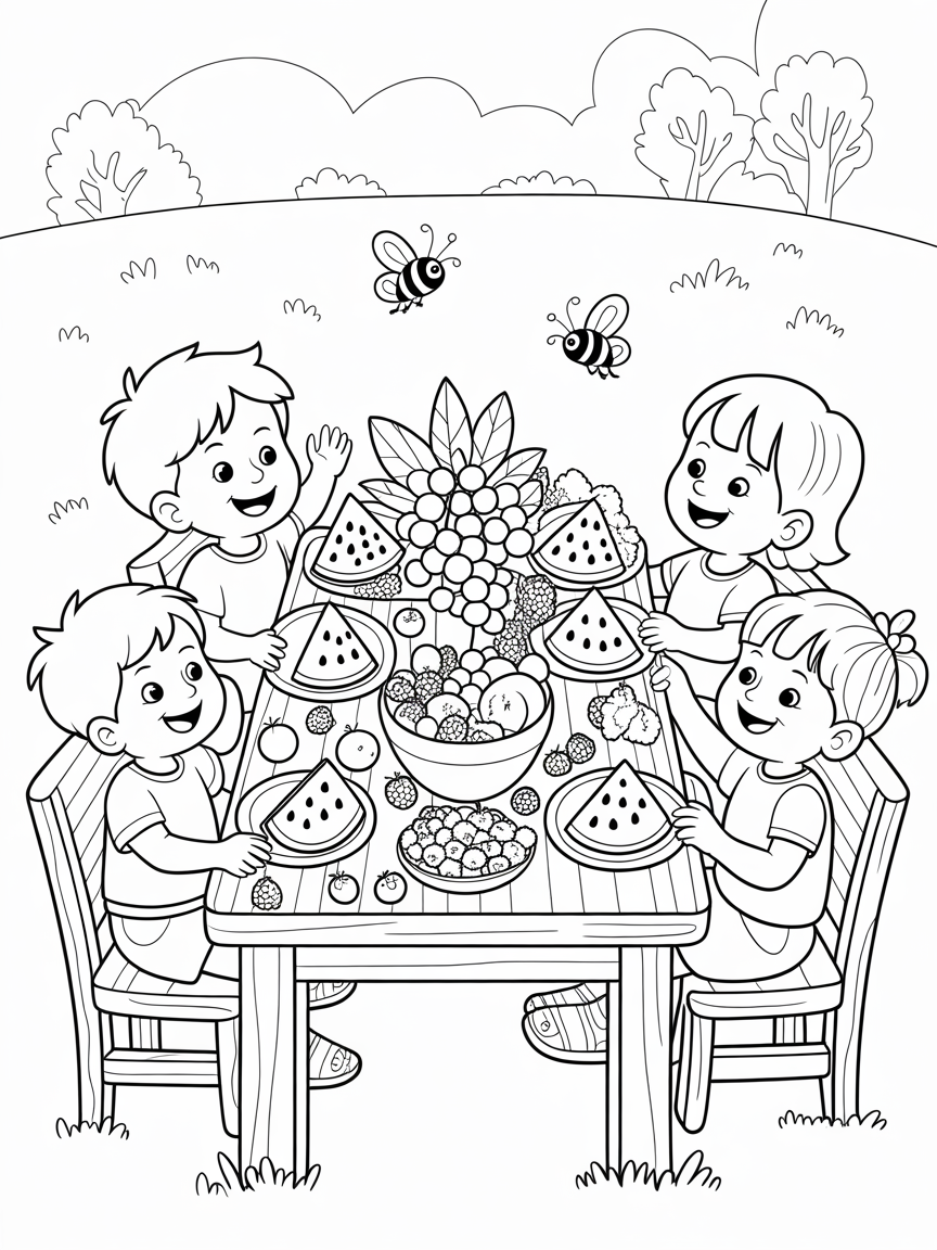Four children enjoy a picnic lunch with watermelon, berries, and grapes outdoors.