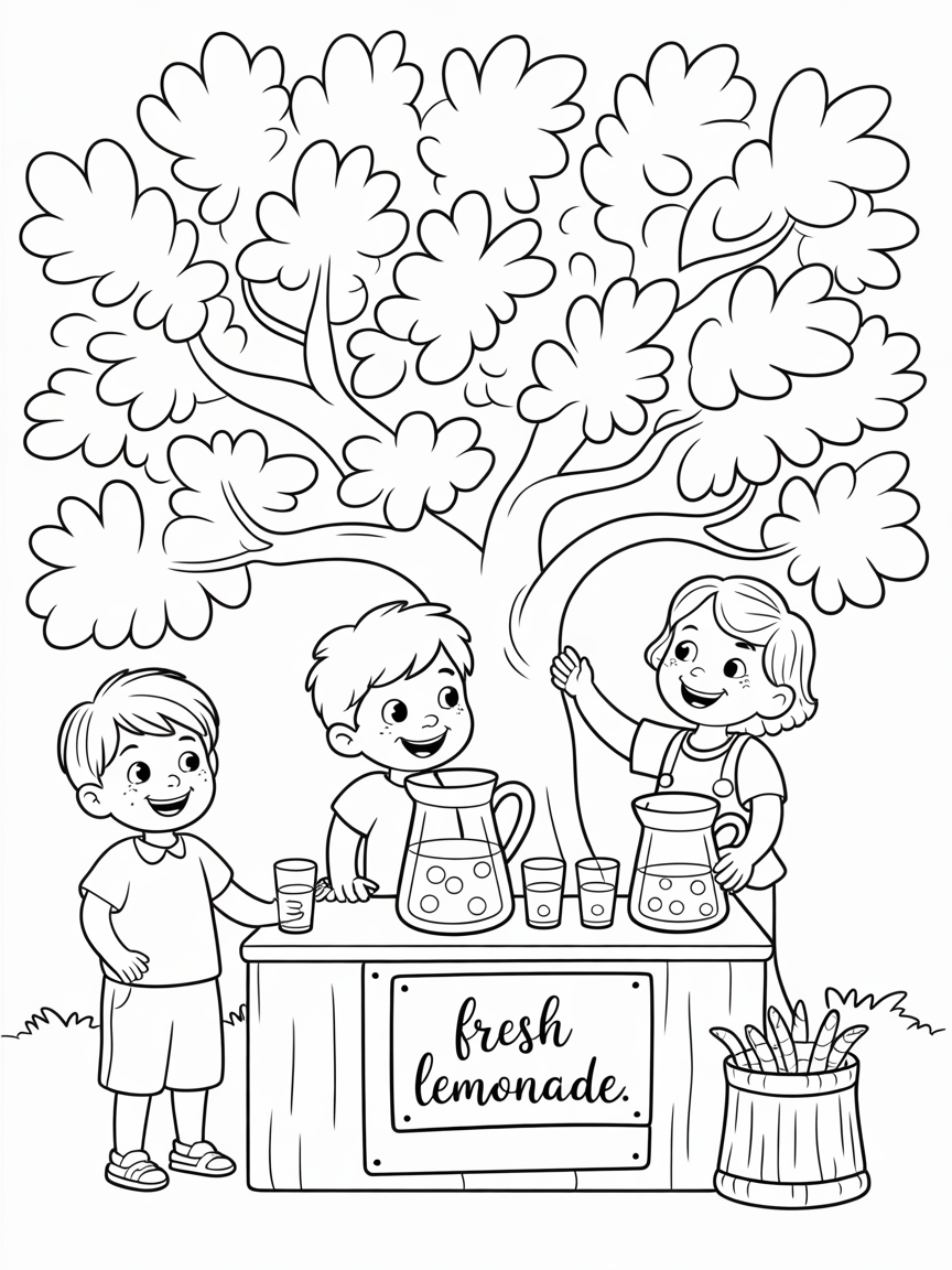 Three happy children run a lemonade stand under a large tree, offering glasses of refreshing lemonade.