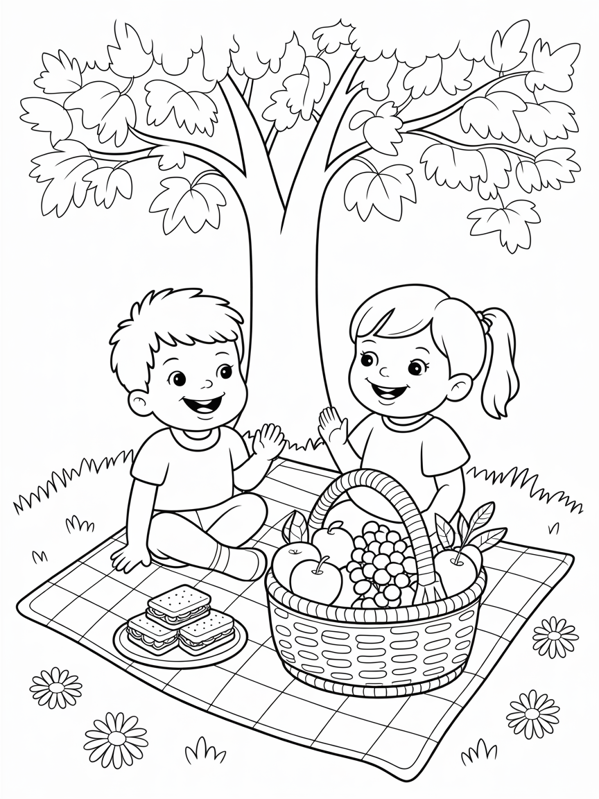 A coloring page featuring two children enjoying a picnic under a tree with a basket of fruit and sandwiches.