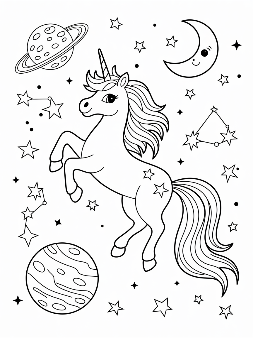 A cute unicorn with a long mane and tail prances in outer space among stars, planets, and a crescent moon.