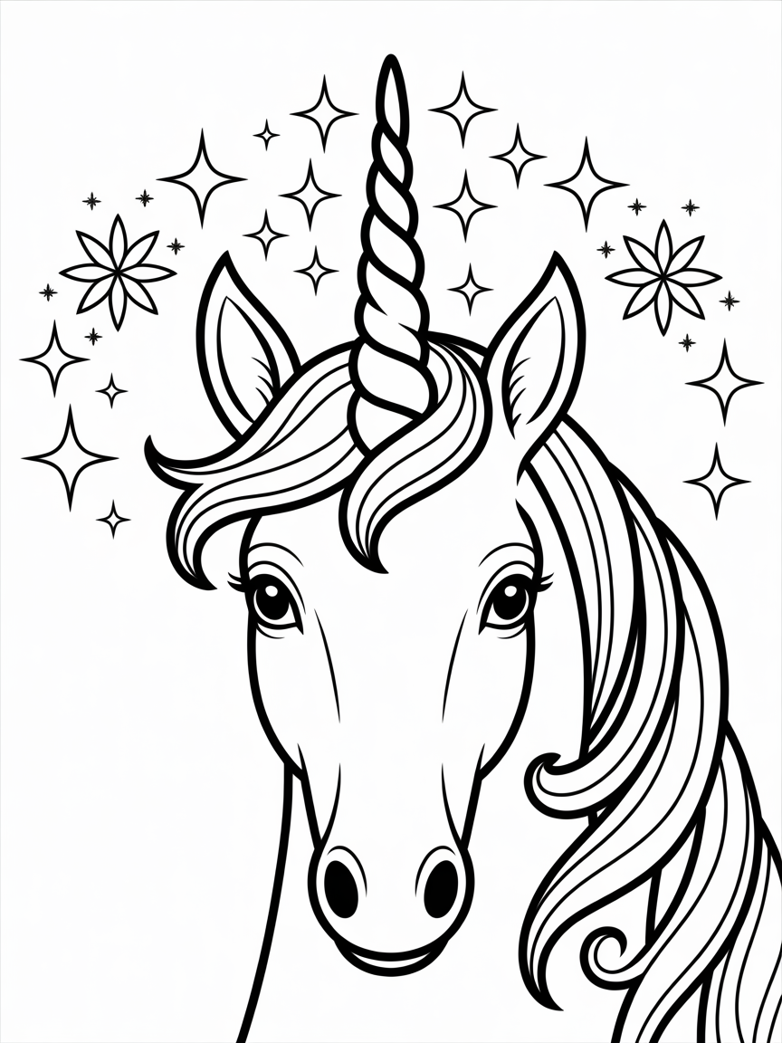 A charming black and white illustration of a unicorn's head with a spiral horn and flowing mane, surrounded by stars and flowers.