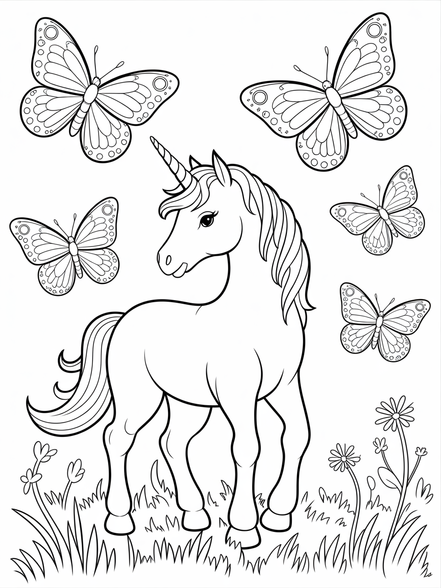 A cute unicorn stands in a field of flowers with butterflies fluttering around it, a fun coloring page for children.