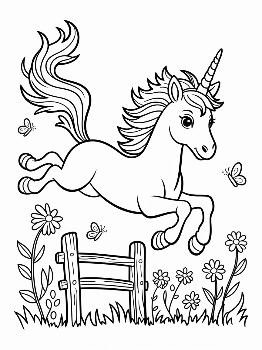 A cute unicorn with a flowing mane and tail joyfully leaps over a small fence in a field of flowers and butterflies.
