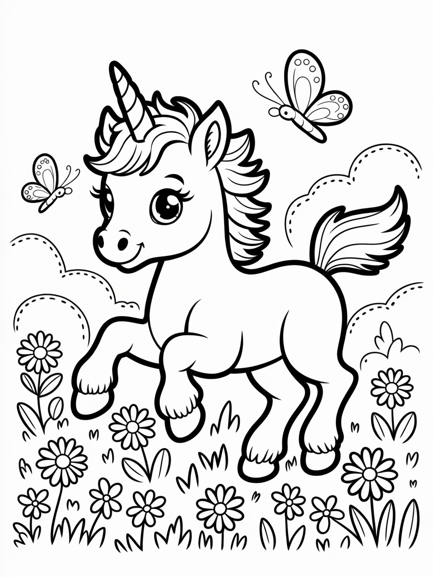 A cute unicorn foal frolics in a field of flowers and butterflies, perfect for children's coloring books.