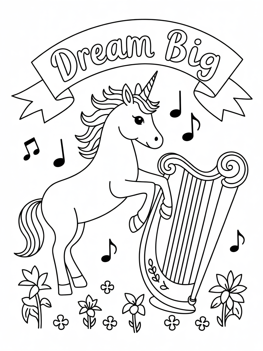 A cute unicorn playing a harp, surrounded by flowers and music notes, with a banner that says "Dream Big".