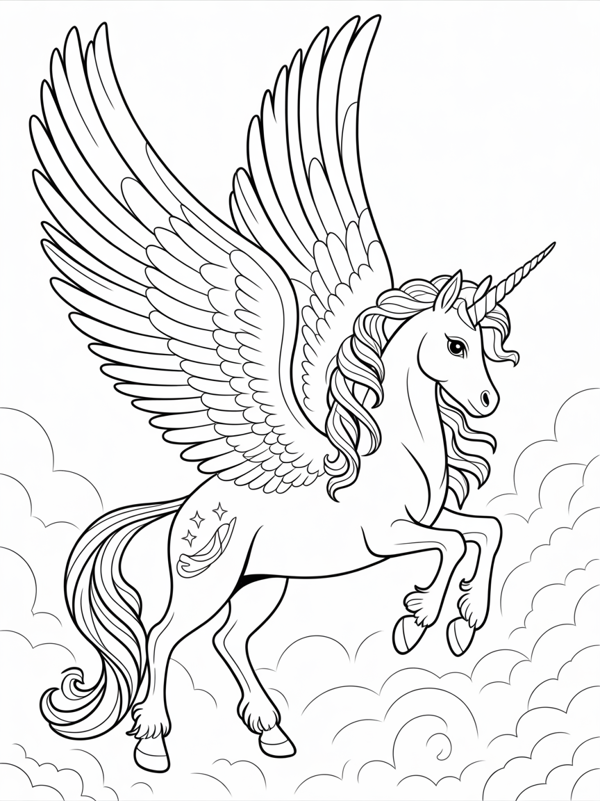 A winged unicorn soaring through clouds, perfect for kids' coloring books and activities.