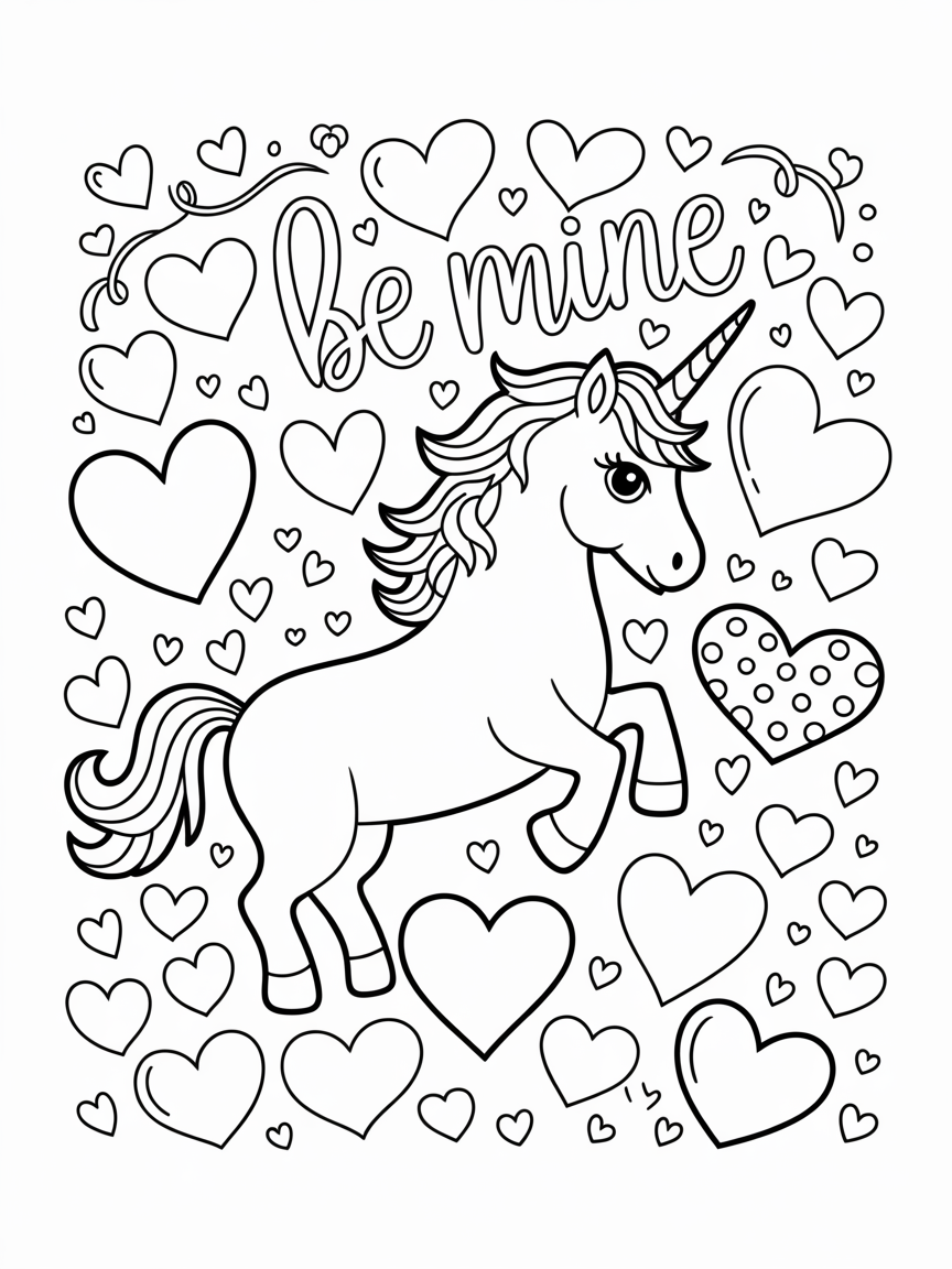 A cute unicorn surrounded by hearts and the words 'be mine', perfect for Valentine's Day coloring.