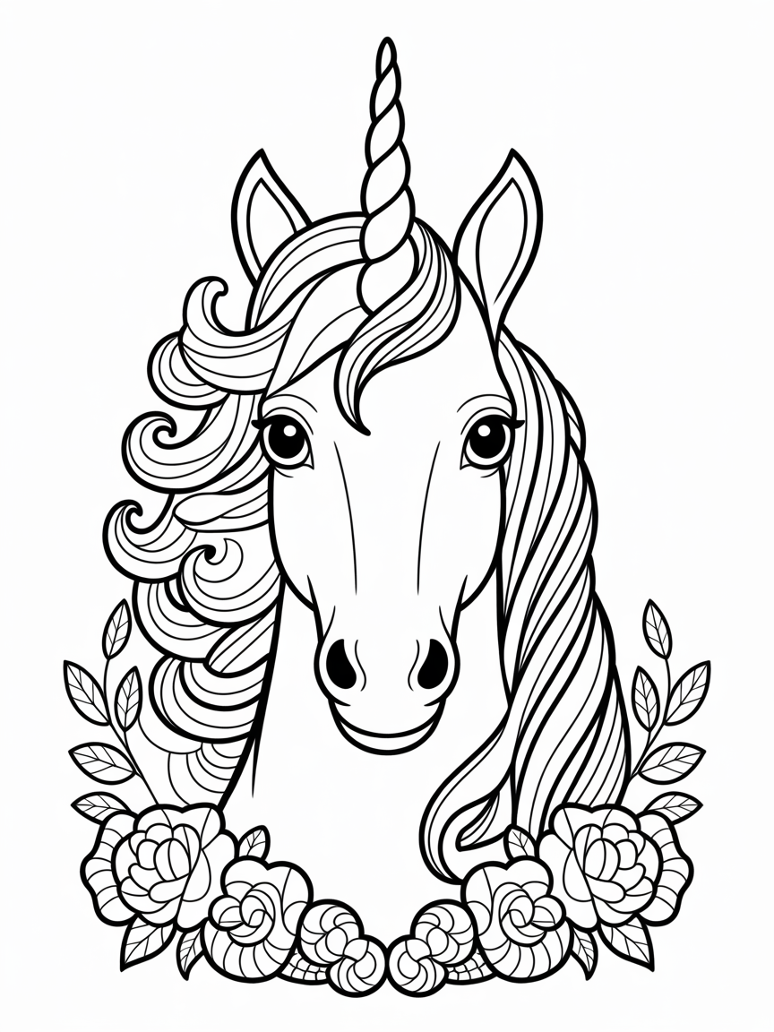 A beautiful unicorn head coloring page with detailed floral designs, perfect for adults and children.