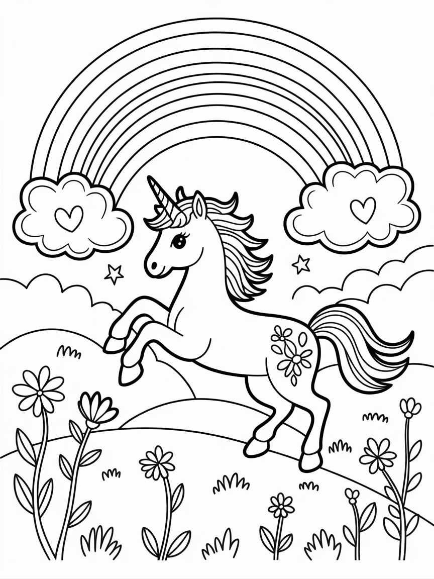 A cute unicorn prances in a field of flowers under a rainbow, perfect for kids' coloring activities.