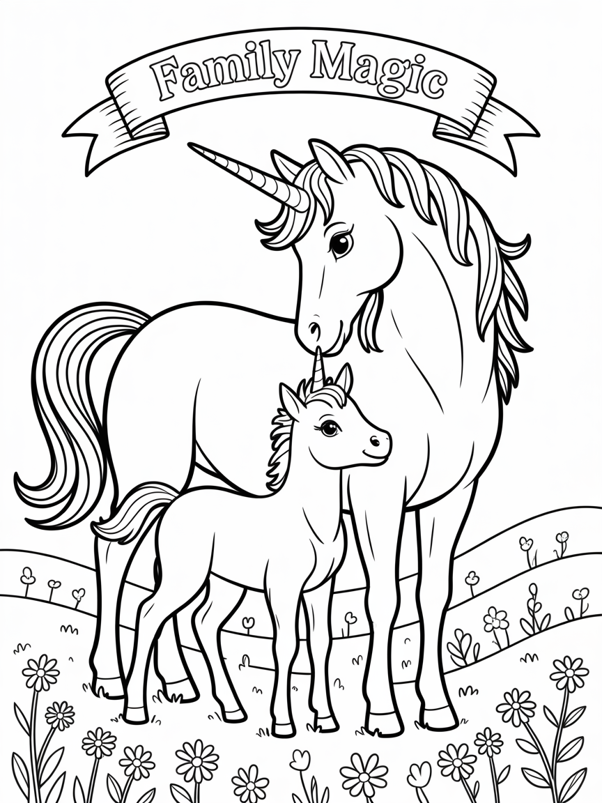 A mother unicorn and her baby foal stand in a field of flowers. This free printable coloring page is perfect for kids and unicorn lovers.