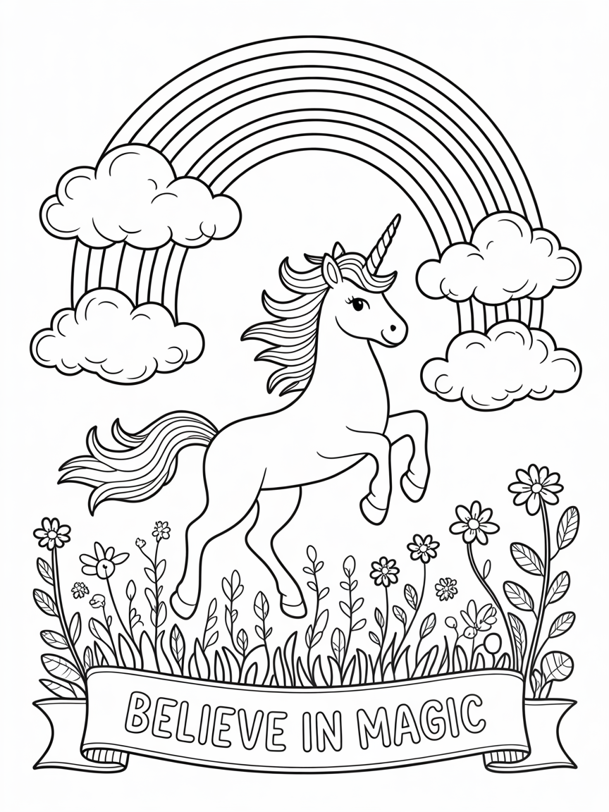 A magical unicorn leaps through a rainbow in a field of flowers, perfect for a coloring page.