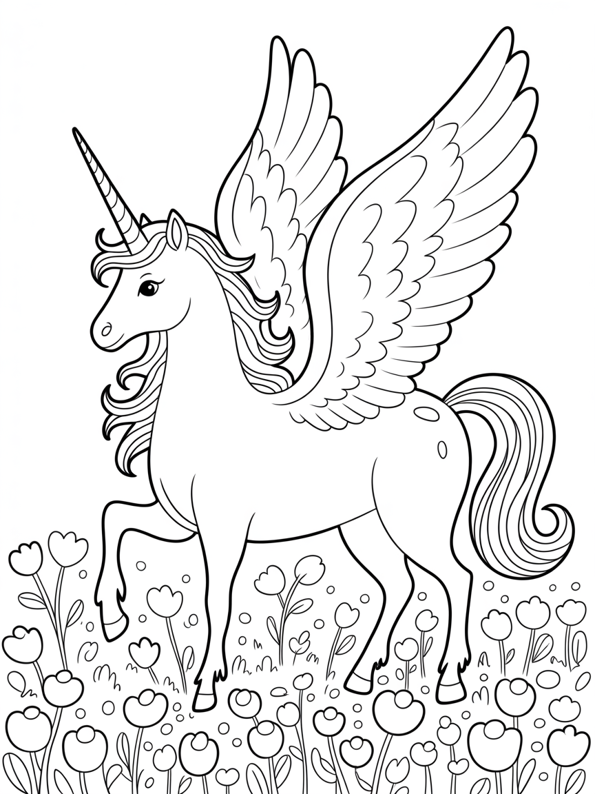 A whimsical coloring page featuring a winged unicorn standing in a field of flowers.