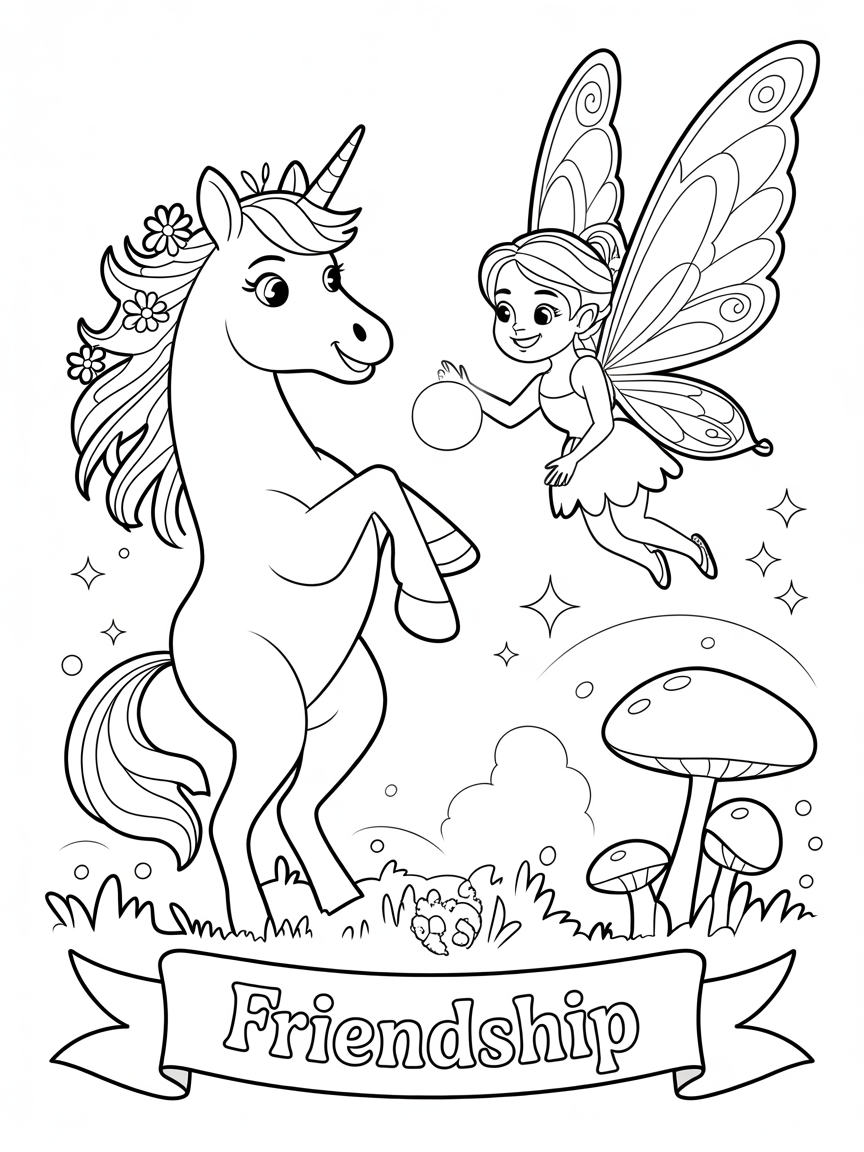 A cute unicorn and fairy are sharing a magical moment in a whimsical garden setting; a sweet coloring page for kids.