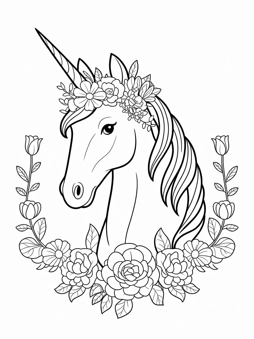 Beautiful unicorn head wearing a flower crown, surrounded by floral details, perfect for coloring.