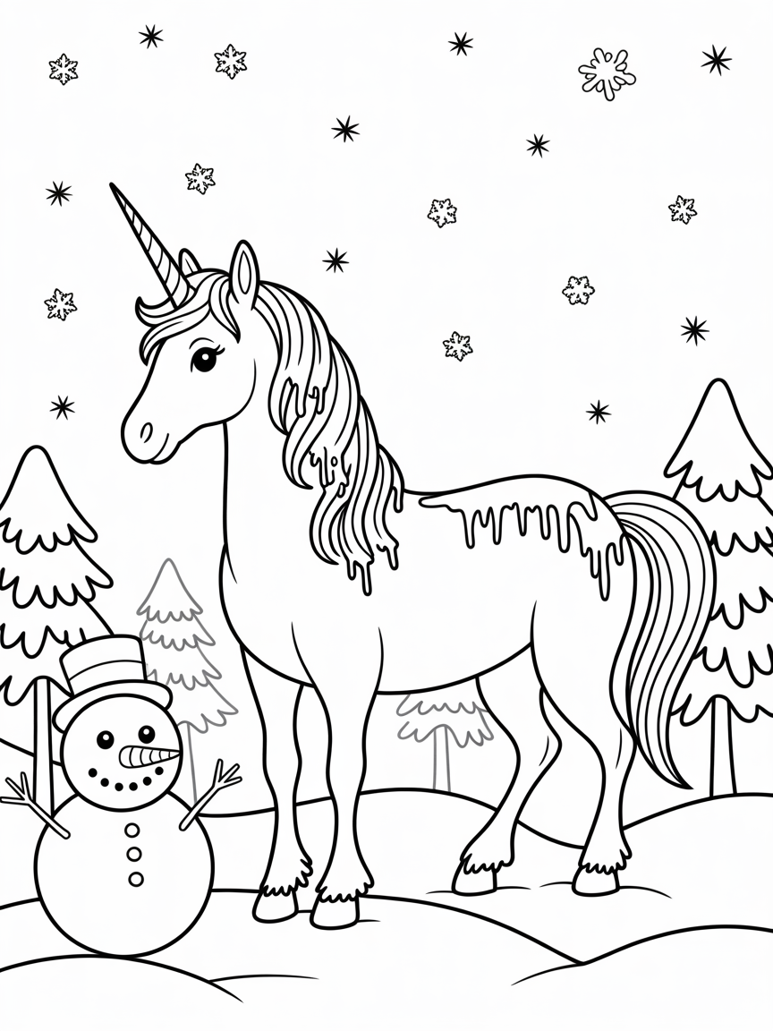 A cute unicorn with a long mane and tail stands in a snowy landscape with a snowman, perfect for kids' coloring books.