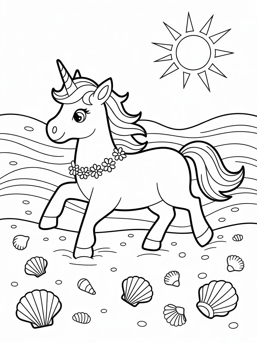 A cute unicorn wearing a flower garland walks on a beach with seashells, perfect for kids' coloring.