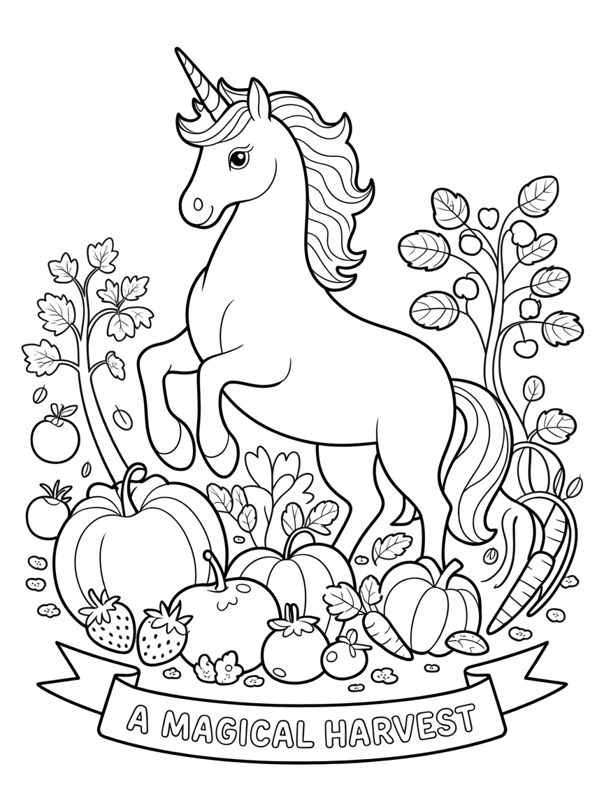 A cute unicorn stands amidst a bountiful harvest of fruits and vegetables, ready for coloring.