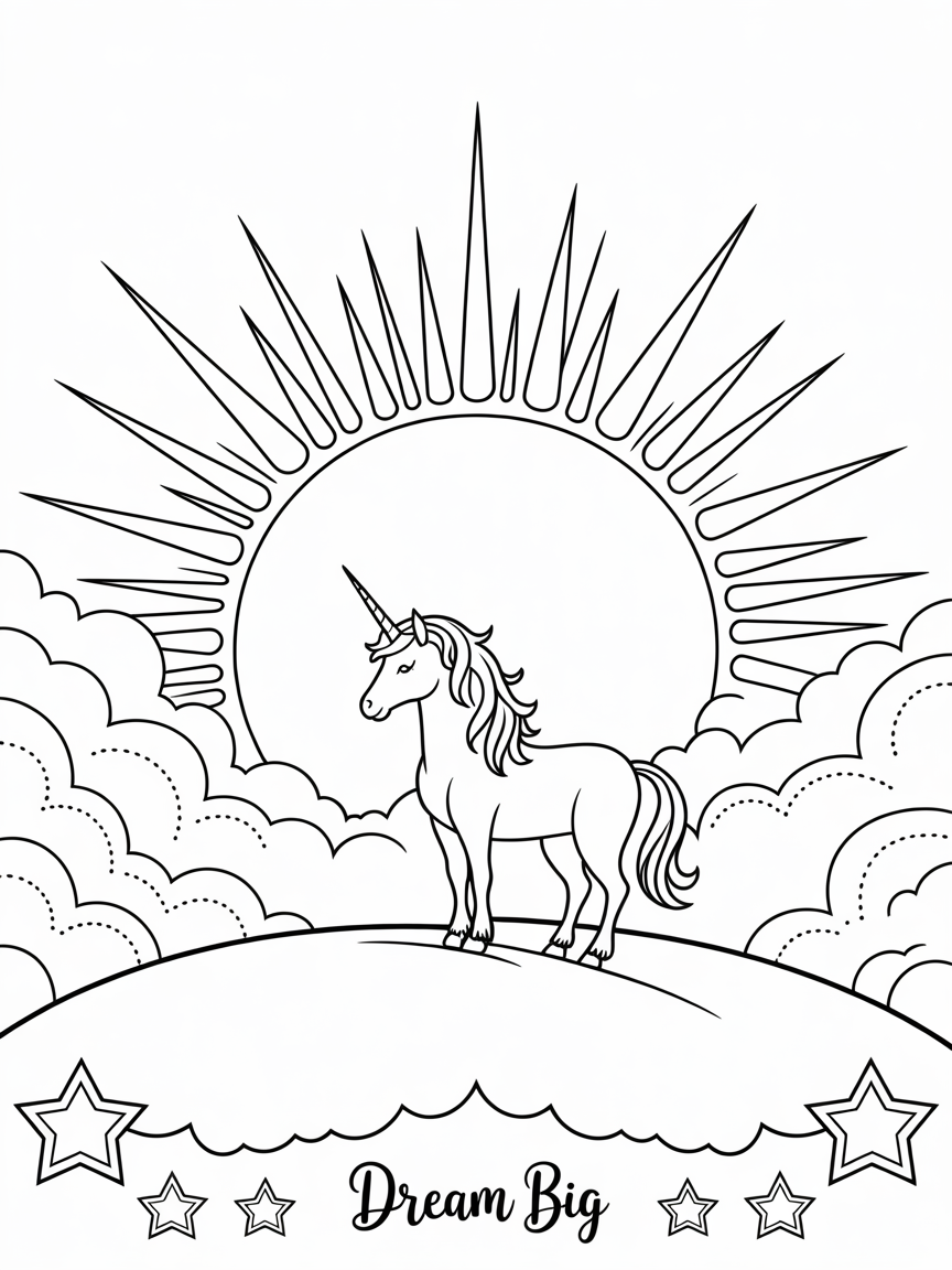A cute unicorn stands on a hill before a large sun in this free printable coloring page for kids.