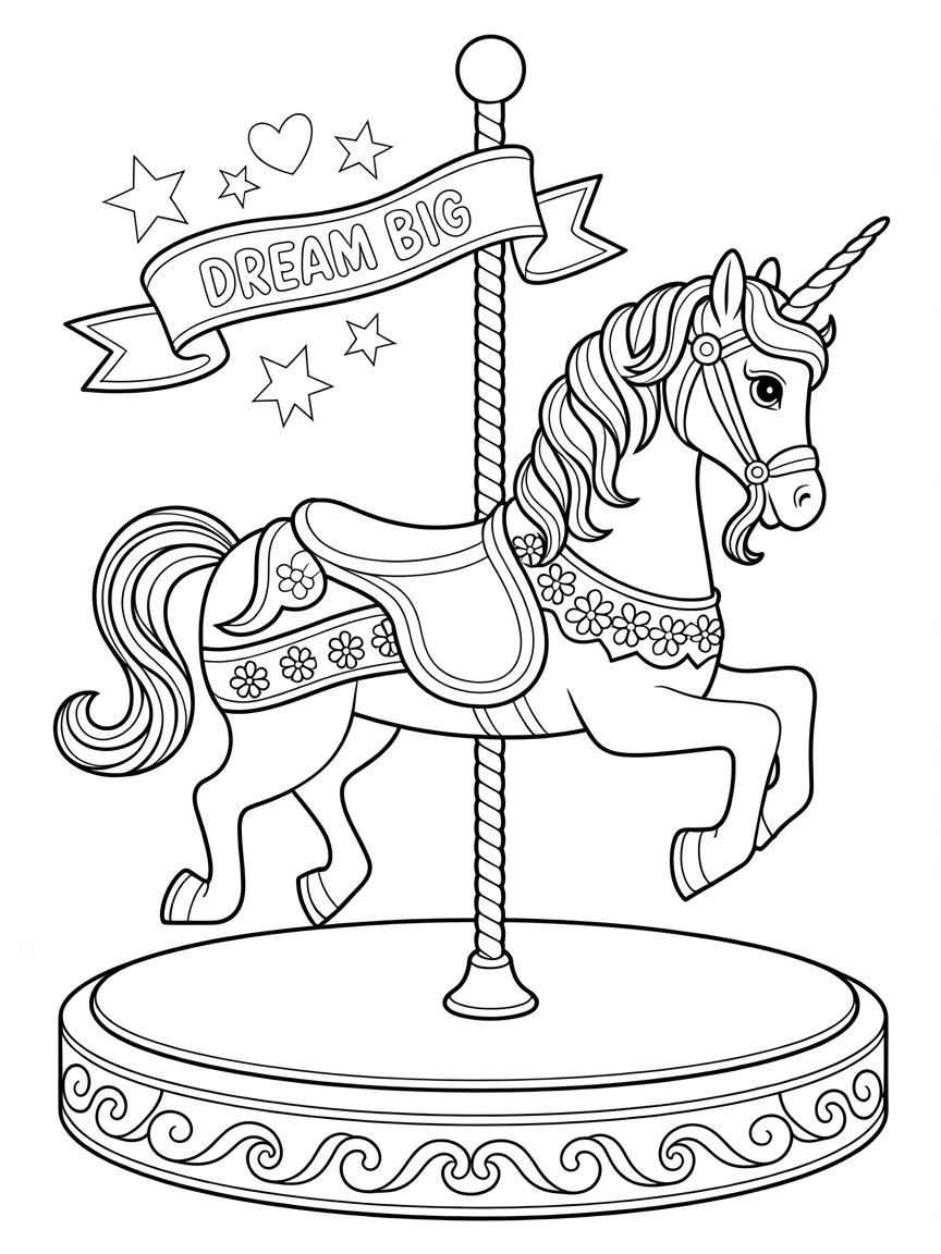 A line drawing of a unicorn carousel horse, perfect for kids' coloring books and activities.