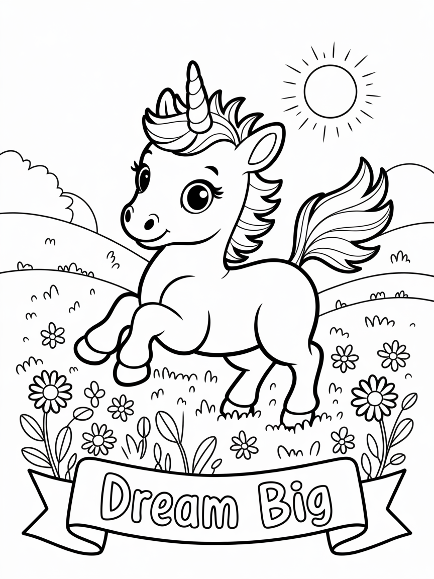 A cute unicorn foal stands in a field of flowers, perfect for kids' coloring books and activities.